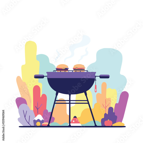 Grill with Burgers in Colorful Abstract Outdoor Setting

