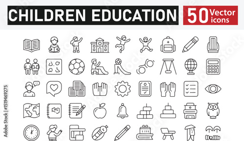 Collection of 50 line icons related to children's education, child development, kids' activities, early learning, child skills, schools, and kindergartens. Vector illustration