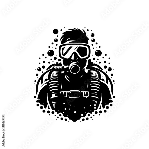 Bold scuba diving vector logo featuring a silhouette diver with full gear amidst rising oxygen bubbles
