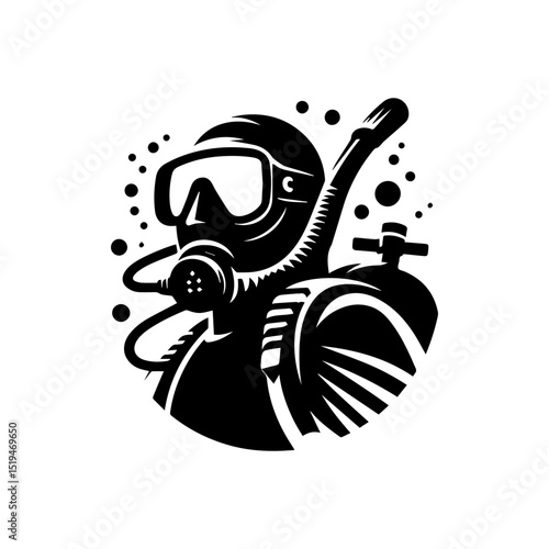 Bold scuba diving vector logo featuring a silhouette diver with full gear amidst rising oxygen bubbles