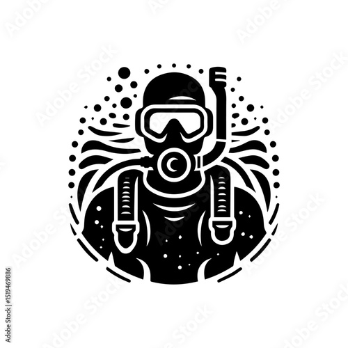 Wallpaper Mural Powerful underwater diver silhouette logo with snorkeling mask and dynamic bubble trail formation Torontodigital.ca