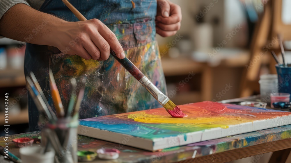 Obraz premium Close-up of a painter's hand applying bright red paint to a colorful abstract canvas. The studio workspace reveals a palette of swirling colors capturing the creative process in action.