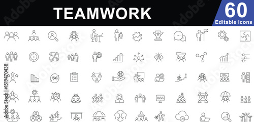 Teamwork Line Icons Pack: Collaboration, Partnership, Community, Success & Leadership Outline Symbols.  Editable Vector