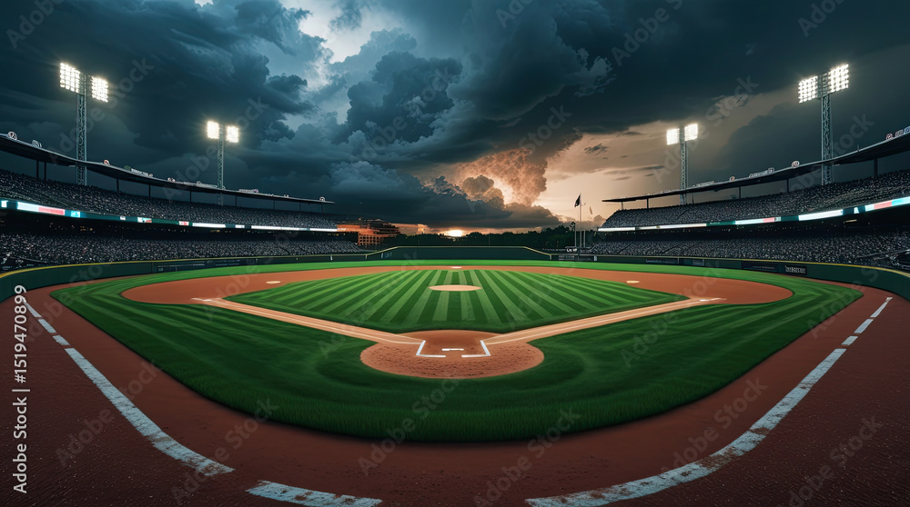 Obraz premium Baseball stadium during dramatic weather with cloudy skies and lit up floodlights