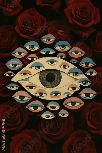 Surreal pattern of multiple human eyes surrounded by feathers