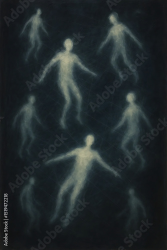 Ethereal glowing human spirits floating in a dark cosmic space