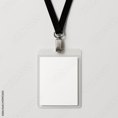 Blank employee id badge template with black lanyard and clasp for corporate identity