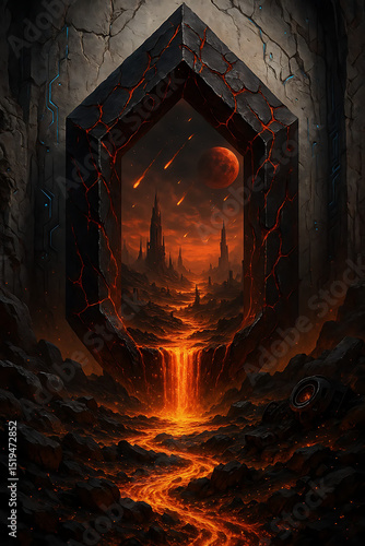 Dark fantasy obsidian portal with glowing lava and dramatic light