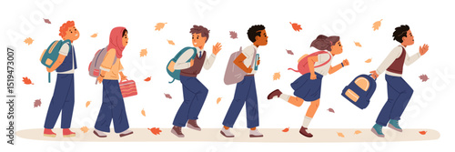 Diverse group of school children in uniform going to school among fallen leaves flat vector illustration.