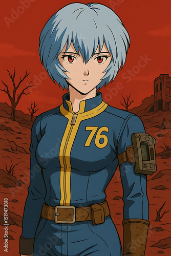 Anime character with blue hair wearing Vault 76 jacket	