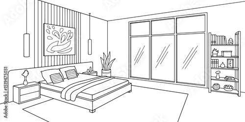  Bedroom graphic black white home interior sketch illustration vector 