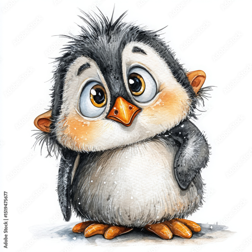 Fototapeta premium Cartoon penguin with watercolor effect is cute and endearing