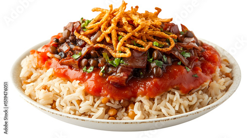 Delicious Close-up of Egyptian Koshari Dish, a Flavorful Mix of Rice, Lentils, and Noodles