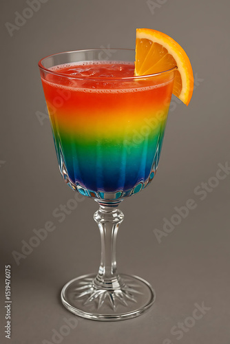 Colorful rainbow cocktail with orange slice	