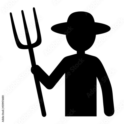A minimalist representation of a farmer holding a pitchfork ready for work