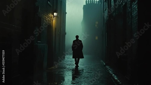 Solitary figure walking down a rainy alleyway with dim lighting and vintage architecture