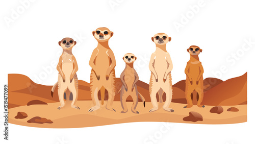 Group of meerkats standing in desert environment during daytime observing their surroundings