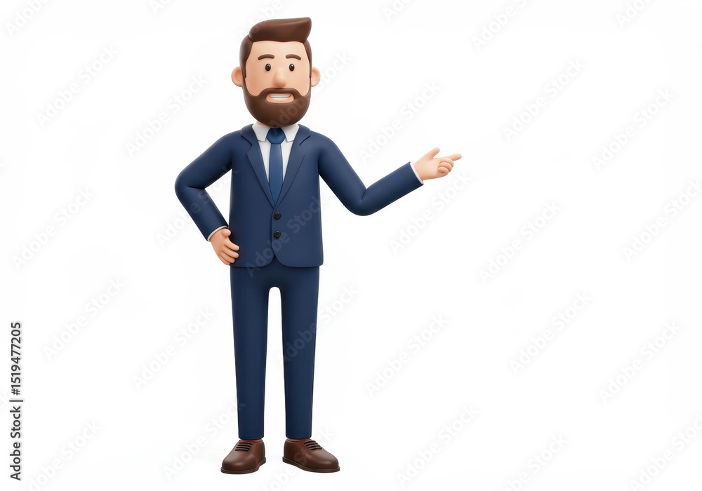 3D Illustration of 3d cartoon of a businessman in a suit pointing to the right isolated on white background with a cheerful expression 3D Illustration of 3d cartoon of a businessman in a suit pointing to the right isolated on white background with a cheerful expression