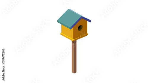 Colorful birdhouse stands on a wooden post in a garden setting during daylight hours