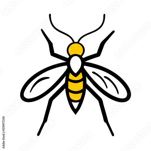 Insect illustration featuring a detailed yellow and black fly with distinct wings and body structure