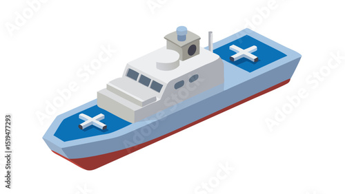 Small vessel navigating calm waters with a clear sky in the background during daytime