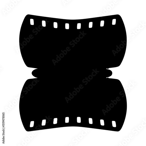 Silhouette of developed film strip, rolled up with sprocket holes visible