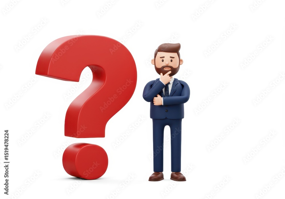 3D Illustration of Cartoon man in a suit standing next to a large red question mark looking thoughtful isolated on white background 3D Illustration of Cartoon man in a suit standing next to a large red question mark looking thoughtful isolated on white background