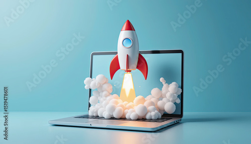 Launching rocket from laptop screen illustrates startup growth and innovation