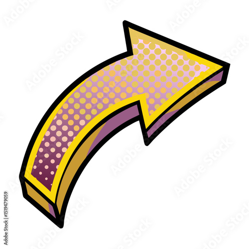 Curved yellow arrow in pop art style with halftone pattern, transparent background  