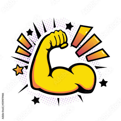 Strong bicep icon in comic book style with transparent background
