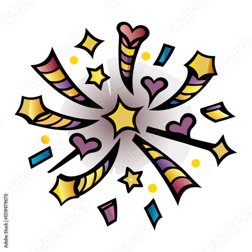 Colorful confetti explosion with stars and hearts in pop art style, transparent background  