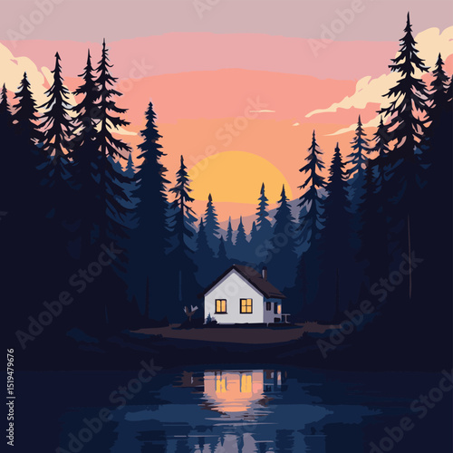 Cozy Cabin in Woods – Evening Retreat Illustration
