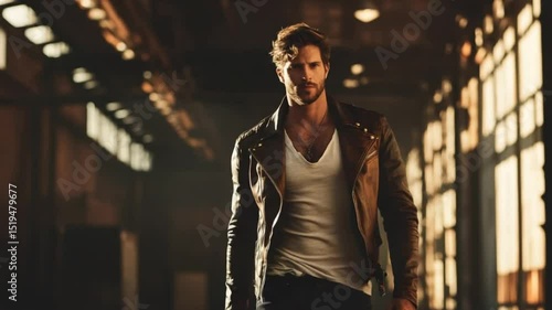 Confident man in leather jacket walks purposefully in industrial setting with focused gaze