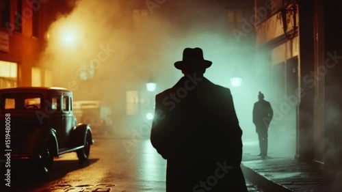 Mysterious Silhouette on a Foggy City Street at Night with Classic Car Backdrop
