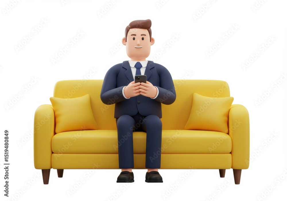 3D Illustration of Cartoon businessman sitting on a yellow sofa using a smartphone isolated on white background close to 102 characters 3D Illustration of Cartoon businessman sitting on a yellow sofa using a smartphone isolated on white background close to 102 characters