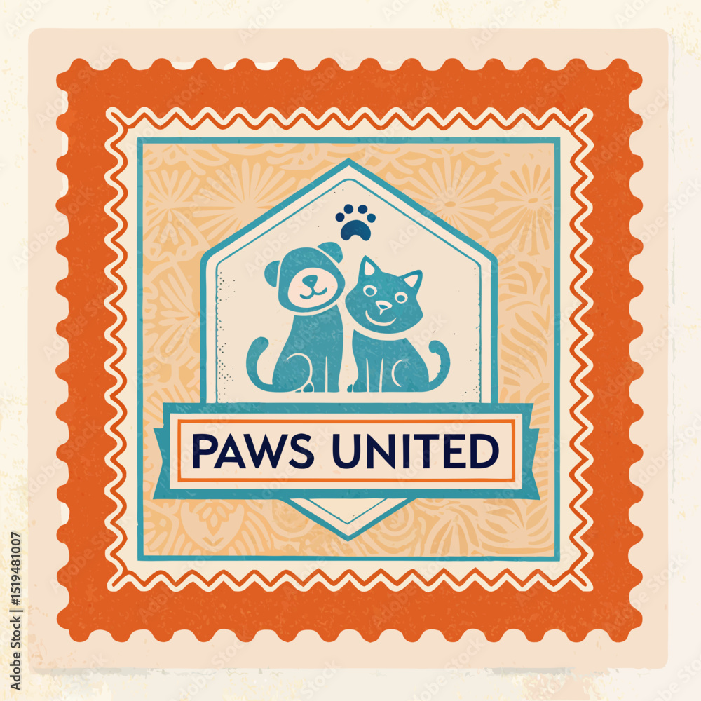 Obraz premium Playful Cat and Dog Stamp Vector