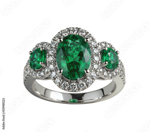 Emerald Ring with Diamonds, Isolated Transparent Background