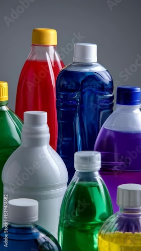 Group of colorful transparent plastic bottles filled with liquid, vibrant chemical solutions or cleaning detergents against a gray background.