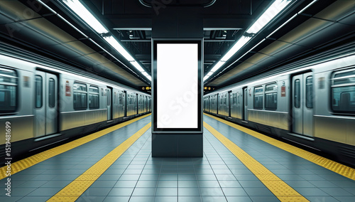 Subway station platform with blank advertising billboard and moving trains