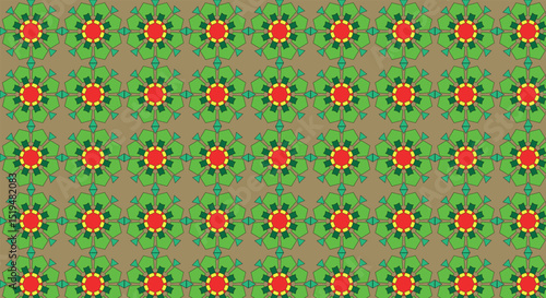 Colorful seamless flower pattern with red centers and green petals on brown background for decorative design
