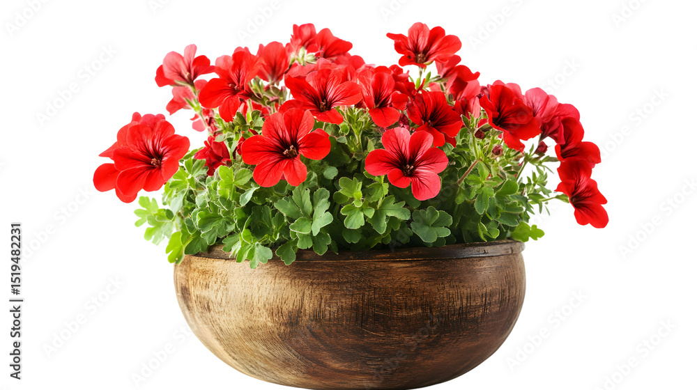 Vibrant Red Geranium Flower in Wooden Pot Isolated on Tranasparent Background Vibrant Red Geranium Flower in Wooden Pot Isolated on Tranasparent Background