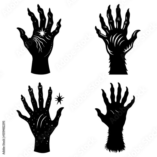 Illustration of four mystical hands with celestial and monstrous designs in black and white color palette