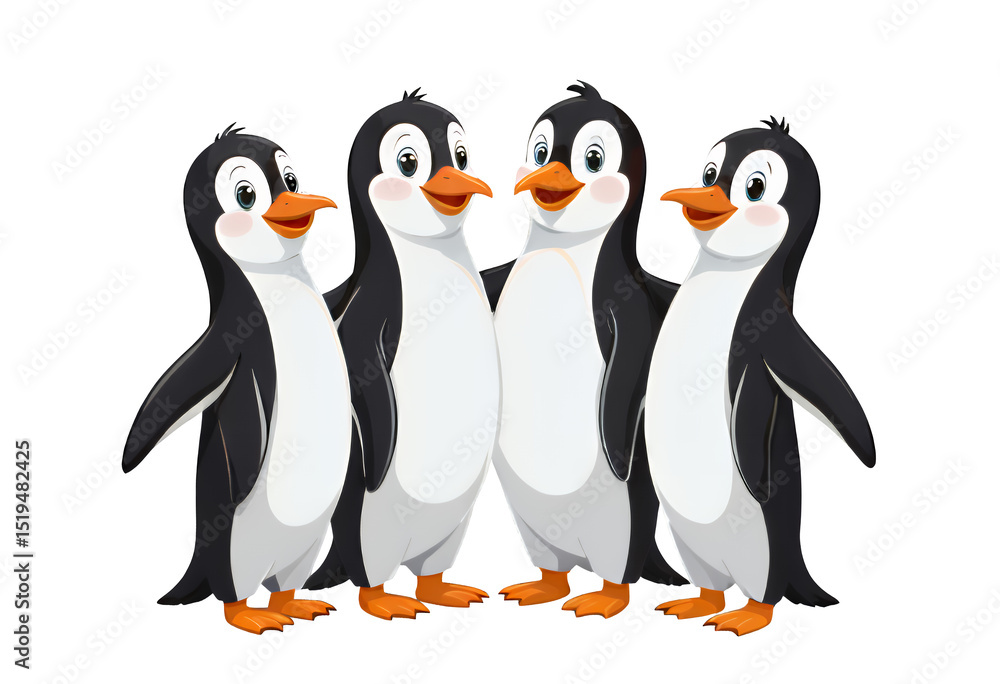 Obraz premium Four Penguins Standing Together, Isolated Transparent Background