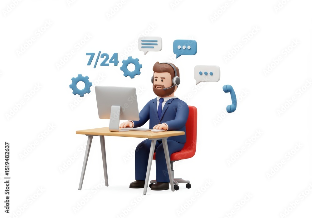 3D Illustration of Cartoon customer service representative with headset sitting at desk with computer and chat bubbles isolated on white background 3D Illustration of Cartoon customer service representative with headset sitting at desk with computer and chat bubbles isolated on white background
