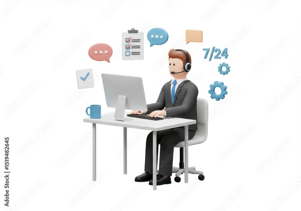 3D Illustration of 3d rendering of customer service representative at desk with computer and icons isolated on white background providing support and assistance 3D Illustration of 3d rendering of customer service representative at desk with computer and icons isolated on white background providing support and assistance