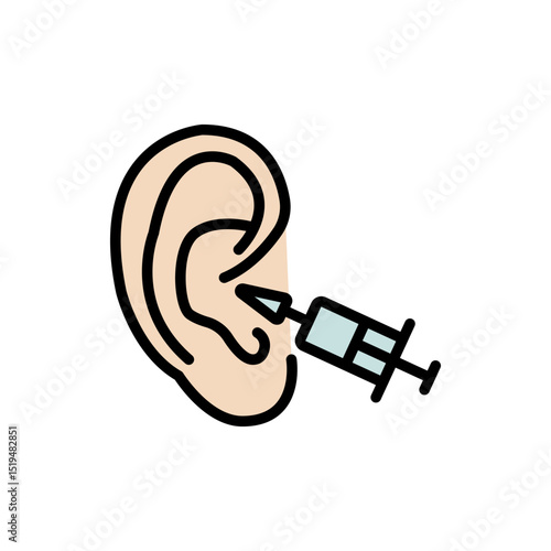 Ear cleaning irrigator. Sulfur plug cleaning color icon. A buildup of earwax blocking the ear canal. Medical vector isolated on white background.