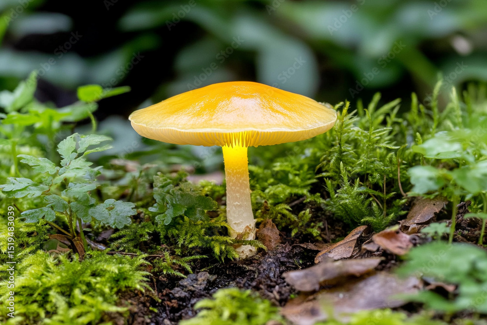 Glowing yellow mushroom illuminates forest floor in close-up view Glowing yellow mushroom illuminates forest floor in close-up view