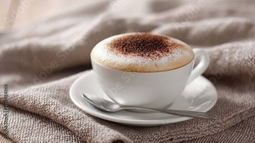 A cup of cappuccino with chocolate powder on top, creating an elegant and sophisticated coffee drink