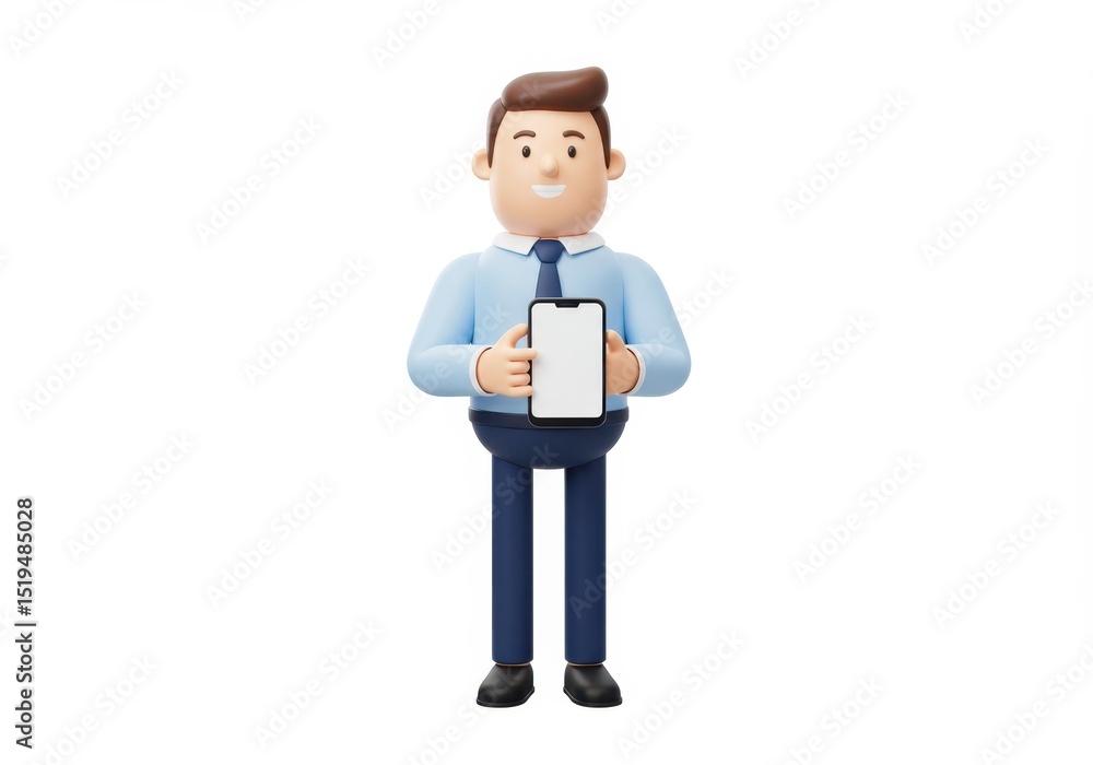 3D Illustration of Cartoon man in shirt and tie holding a smartphone with blank screen isolated on white background presenting information 3D Illustration of Cartoon man in shirt and tie holding a smartphone with blank screen isolated on white background presenting information