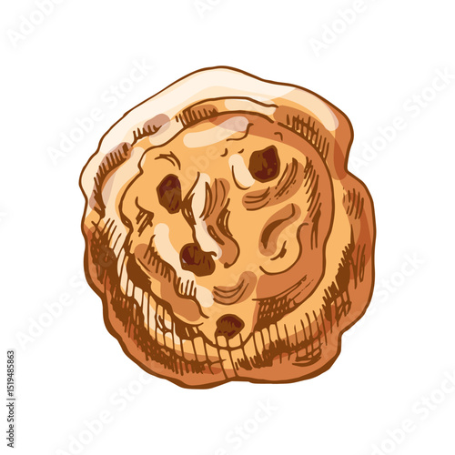 Hand drawn vintage sketch of cinnamon raisin bun in brown ink engraving style, colorful illustration on white background